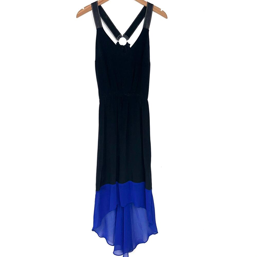 NWT Akiko Silk & Leather Black Blue High Low Maxi Dress Size XS